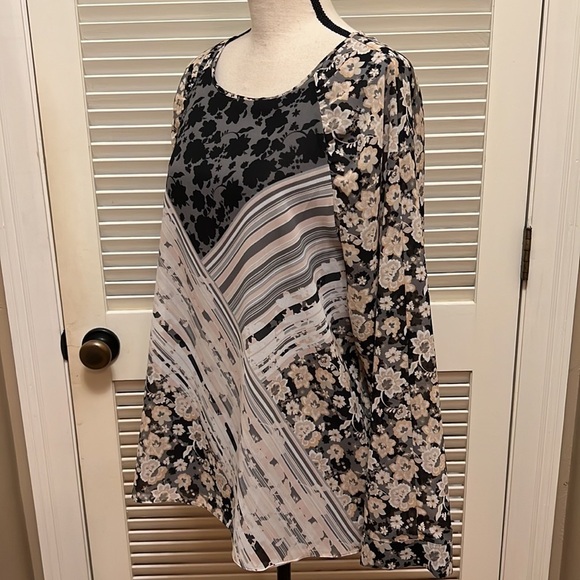 20. Calvin Klein Multi-Media Print Blouse in Grey and Black and Tan - Picture 9 of 15